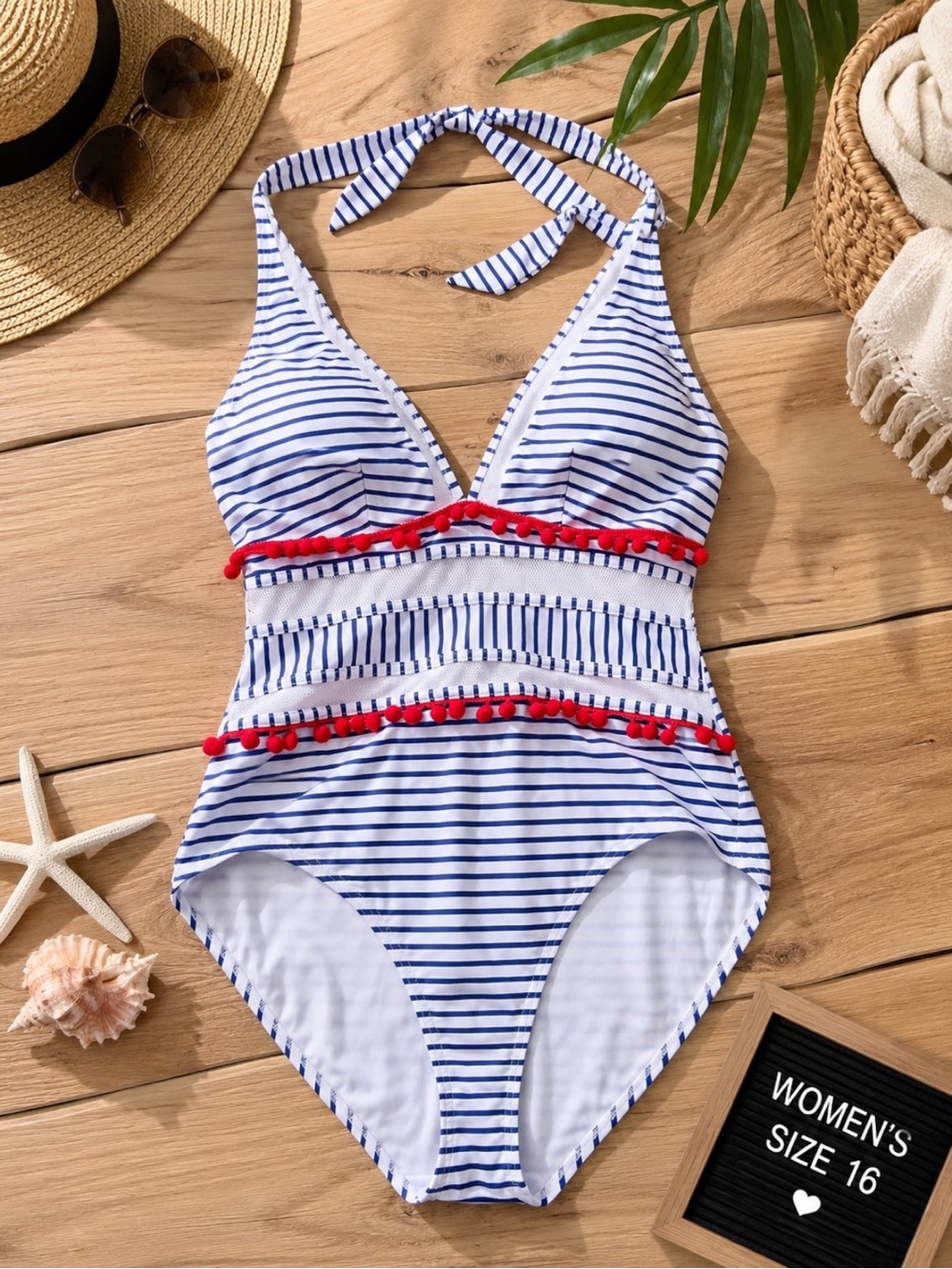 COCOSHIP One Piece Swimsuit Womens 16 Navy White Striped Red Pom Pom Halter